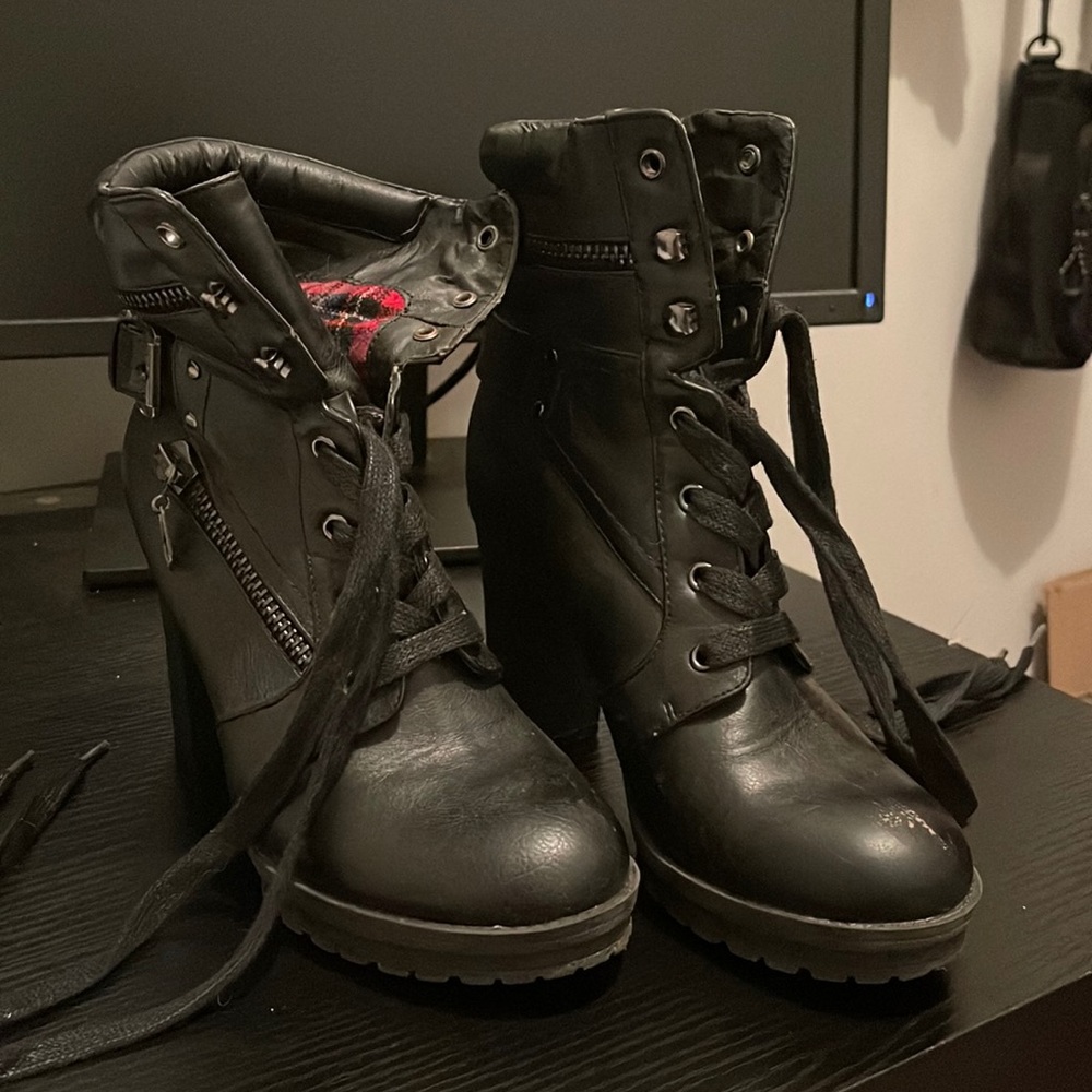 Black leather heeled boots